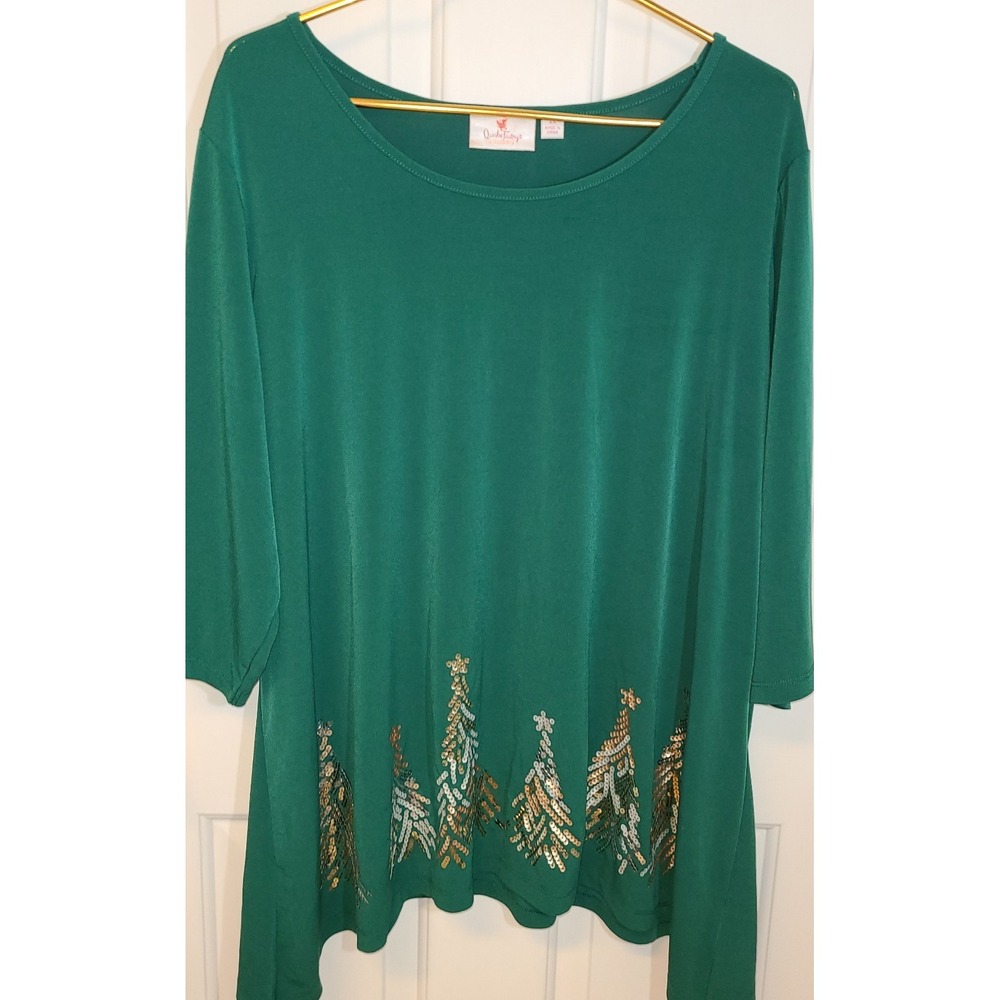 Quacker Factory Women 3/4-Sleeve Sequin Tree Trapeze Hem Knit Top Size 2X Comfy
